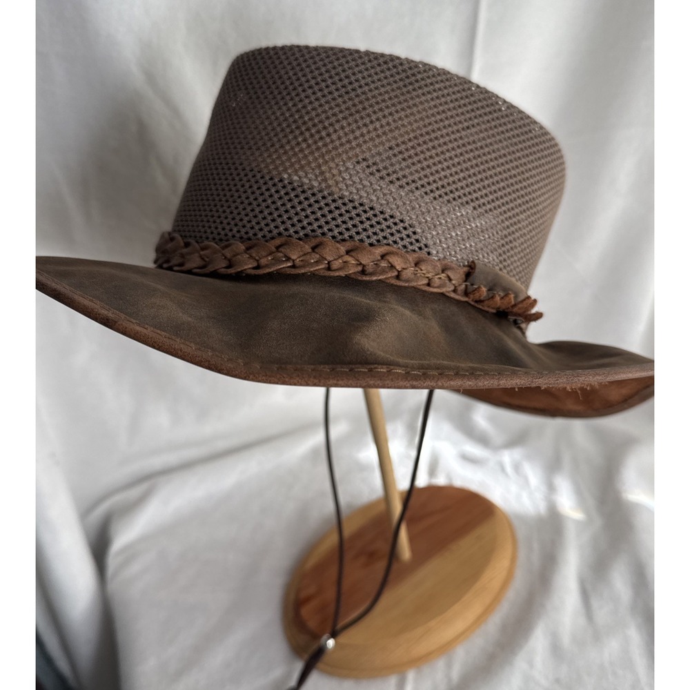 American Hat Makers Breeze Leather & Mesh Sun Hat Sz M Wide Brim UPF50 Chin Stir